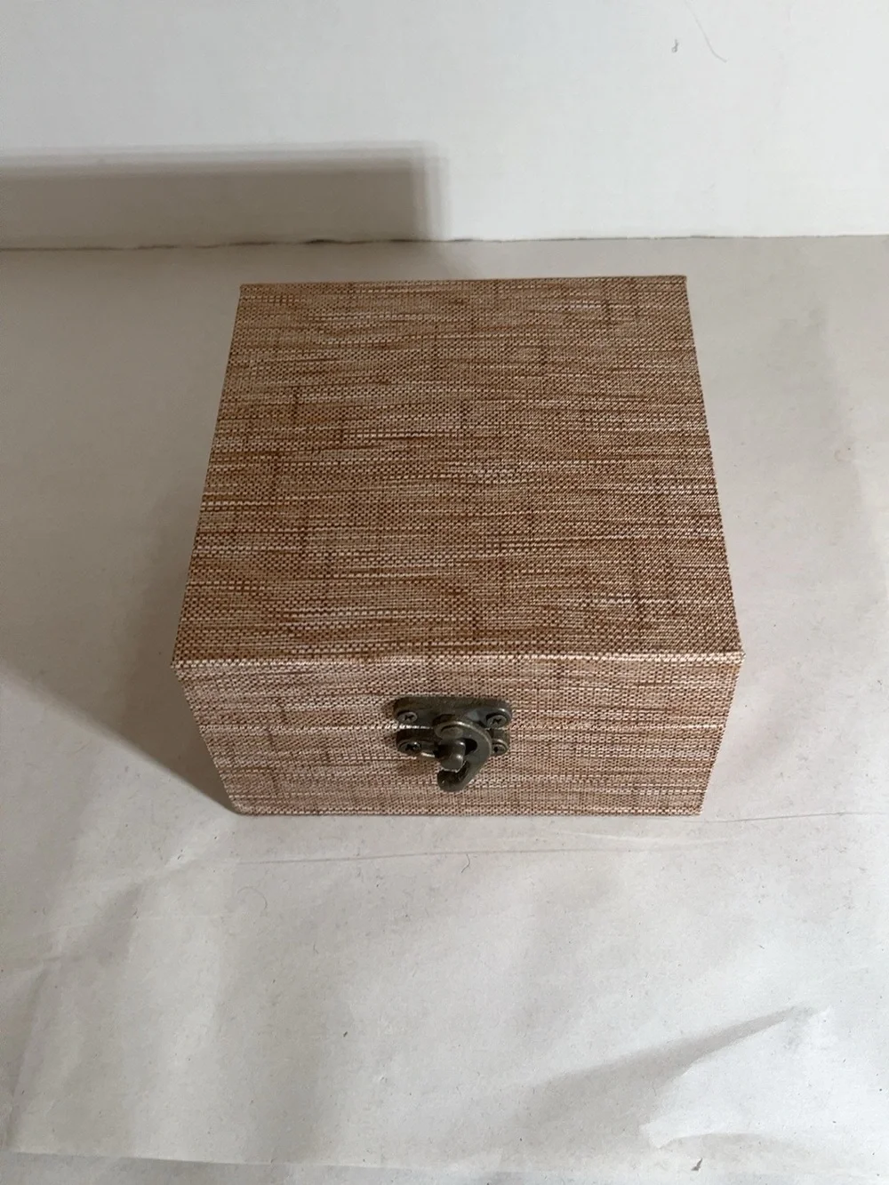 Small Fabric Covered Jewelry Trinket Box Orange Velvet Lined Brass Tone Latch 5”